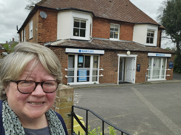 Therese outside Barclays in Leiston